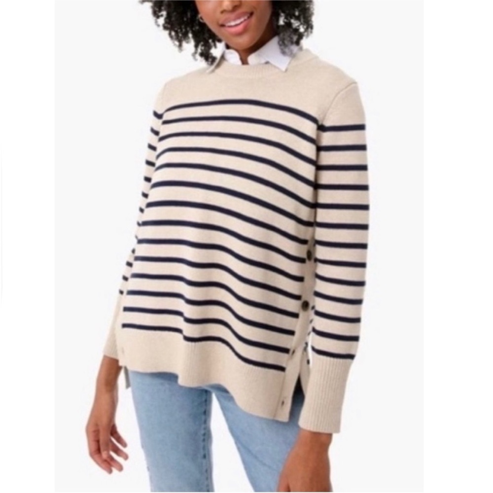 Tuckernuck Bexley 100% Wool Striped Mock Neck Pullover Sweater Cream Small